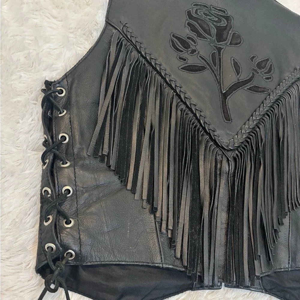 UNIK Black Leather Fringe Roses Biker Vest Size Small Vintage